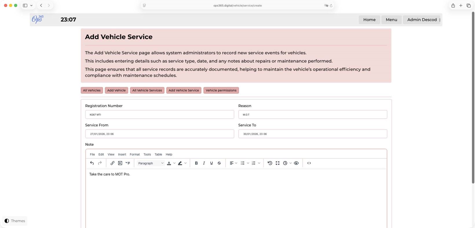 Create Vehicle Service - Daybook